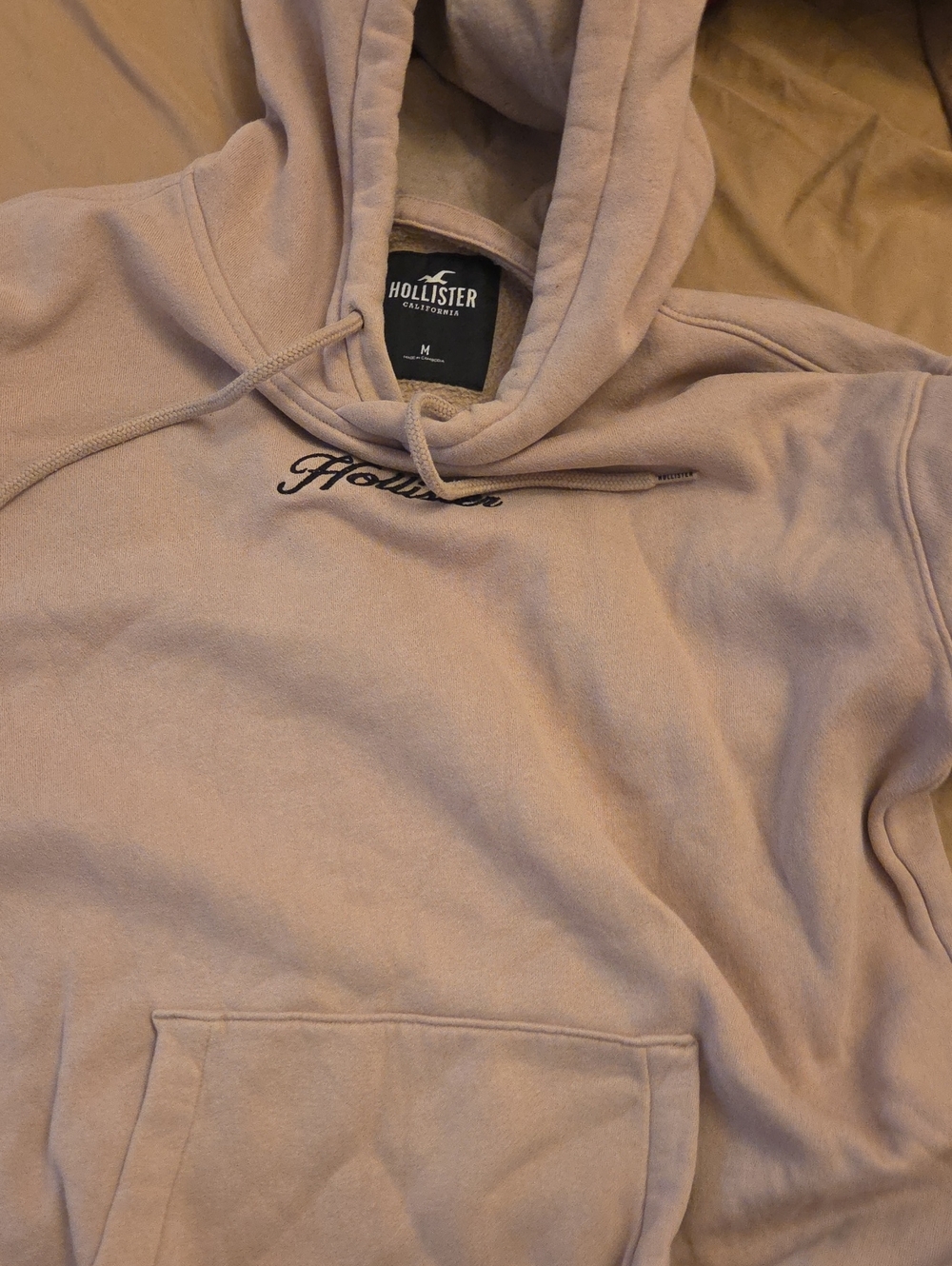 Hollister Men's Taupe Pullover Hoodie with Embroidered Logo